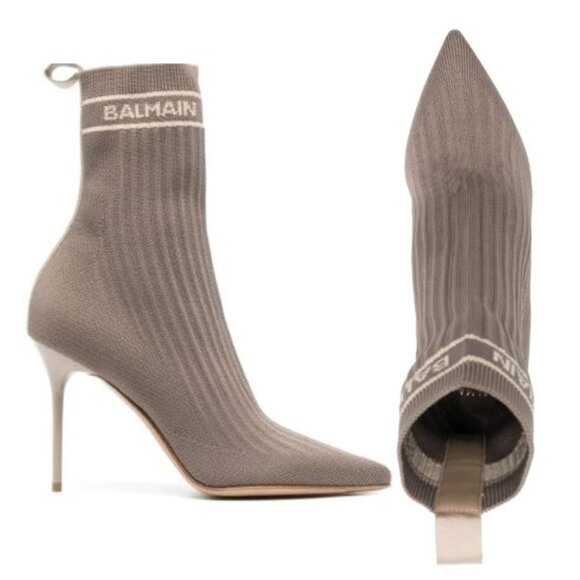 Balmain Shoes - BALMAIN SKYE KNIT POINTED TOE SOCK BOOT SIZE 37 GREY TAUPE NIB